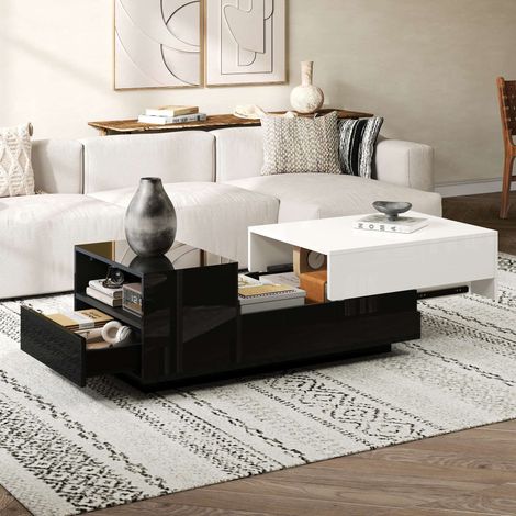 Table basse noire et blanche 100 x 50 x 38 cm, 2 tiroirs, plateau coulissant, rangement semi-ouvert et finition brillante (1/5)