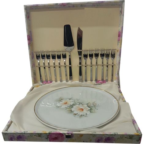 Set Torta Porcellana Piatto 32cm Pala Coltello 12 Forchettine Acciaio 18/10 Bianco Floreale Argento Scatola Regalo Servizio Dessert 15 Pezzi Cerimonie (1/5)