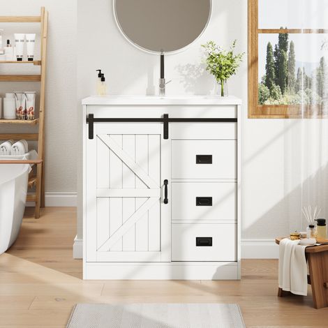 Meuble sous vasque blanc 76 x 46,5 x 87,5 cm avec vasque céramique, design porte de grange, REDOM (1/5)