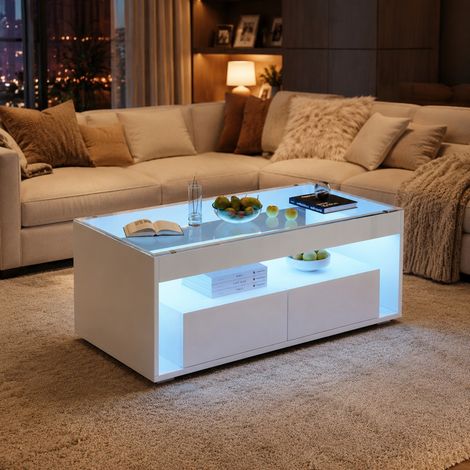 Mesa de centro 100x50x40 cm de madera y vidrio templado blanco con almacenaje FloraGrace (1/5)