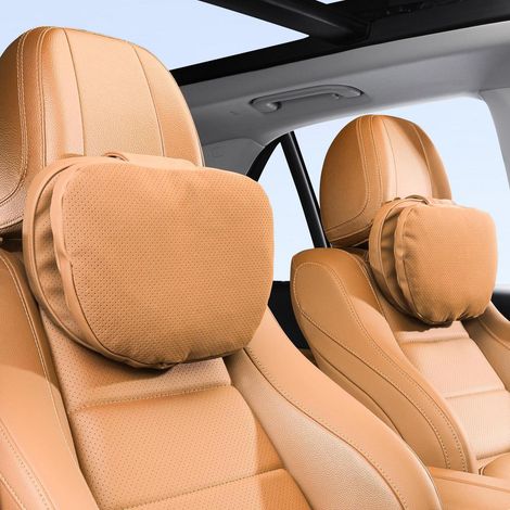 Repose-tête voiture cervical, 2 coussins confort souple, cuir velours, marron Palomino (1/5)