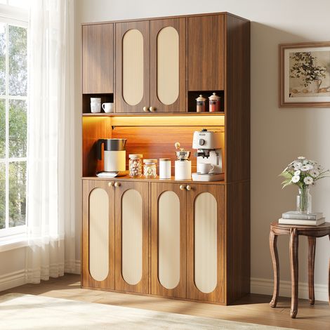 Buffet haut naturel avec 8 portes, niche ouverte et LED, 106x40x178 cm (1/5)
