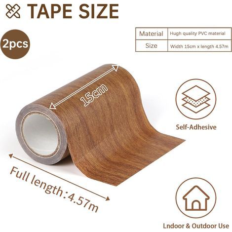 Lalago Lot de 2 rouleaux ruban adhésif aspect bois - 15 cm x 4,57 m - Réparation rayures - Plinthes, portes, murs, meubles (marron) (1/4)