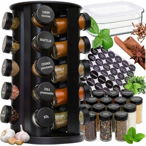 SCATOLA PER CONDIMENTI ROTANTI, 20 BARATTOLI DI VETRO CON ETICHETTE + CONTENITORE PER SALUMI