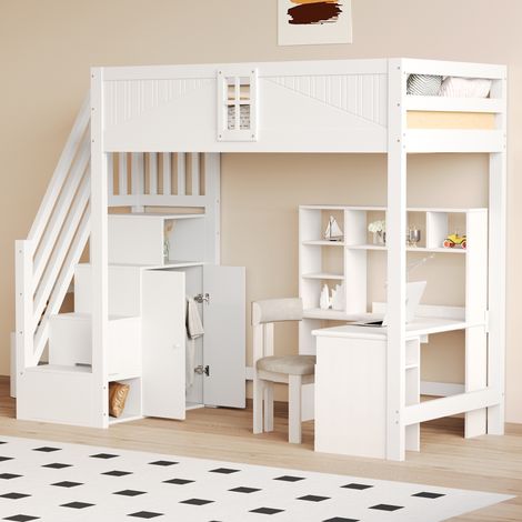 Cama alta 90x200 cm de madera maciza, con puerta de seguridad y ventanas, escalera de almacenaje segura intercambiable, somier de láminas, cama infantil, cama multifuncional - Blanco (1/5)