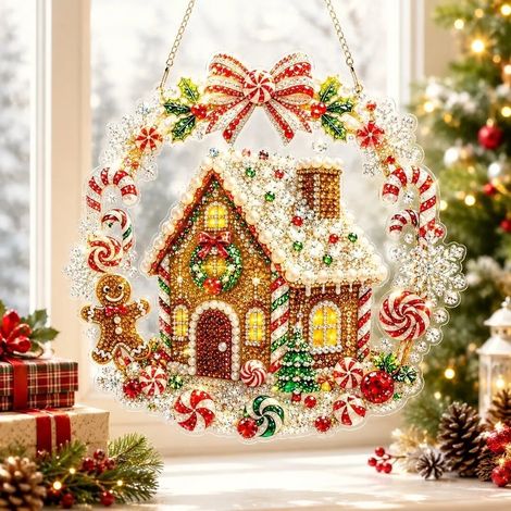 Nouvelle peinture diamant acrylique attrape-soleil de Noël - Maison de Noël - 20 cm