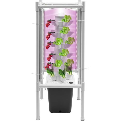 Hydroponik Turm Kit, 6 Etagen 30 Löcher Hydroponisches Anbauset mit 4 LED-Lampen, Wasserpumpe, Wasserstandsanzeiger, Schlauch, Adapter, für Obst und Gemüse (Grau)