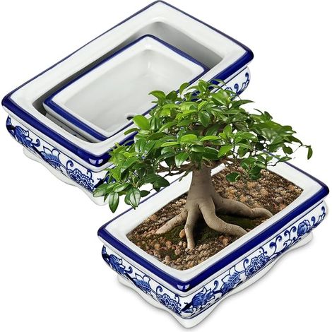2 Pack Ceramic Bonsai Pot with Drainage Hole, Rectangular Bonsai Pots and Indoor Plants, Blue and White Decorative Pot for Succulent Plants and Garden Plants (1/5)