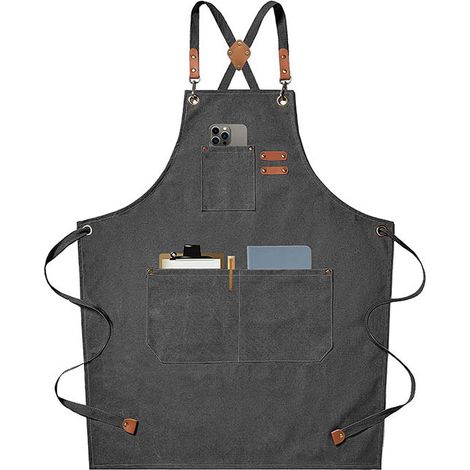 Delantal de lona, delantal de lona resistente y extensible de 20 cm, patrón cruzado, utilizado para pintar, salón de belleza, barbacoa, soldadura, jardinería, carpintería, cocina, gris (1/5)