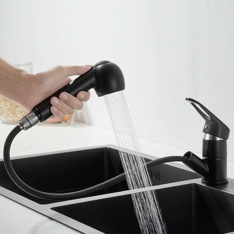 Black Kitchen Faucet with Pull-Out Spray 360° Brass Sink Faucet with Single Hole Cold and Hot Water for Kitchen Sink or Washbasin (1/5)