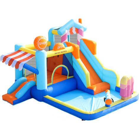 Château gonflable enfant avec double toboggan, aire de jeux aquatique et trampoline, en tissu Oxford, souffleur 450W inclus (1/5)
