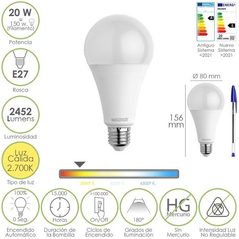 bombilla led estandar rosca e27. 20  watt. equivale a 150 watt. 2452 lumenes. luz calida (3000º k.)