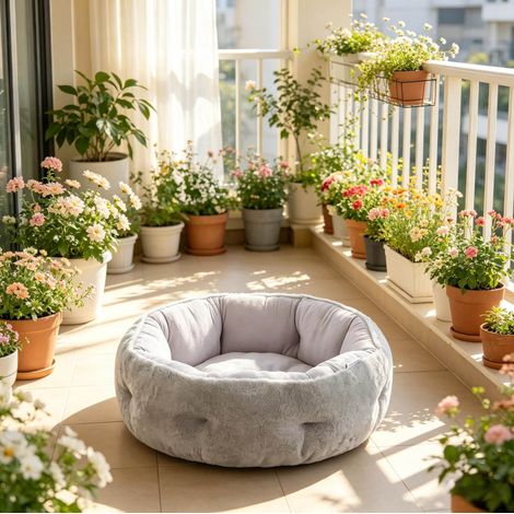 Panier pour chat réversible 62x62x21 cm en tissu peluche gris, intérieur FLORAGRACE (1/5)