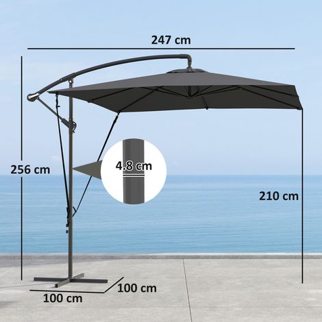 Parasol déporté réglable avec pied en croix et manivelle, en acier et polyester, 247 x 247 x 256 mm, gris foncé (1/5)