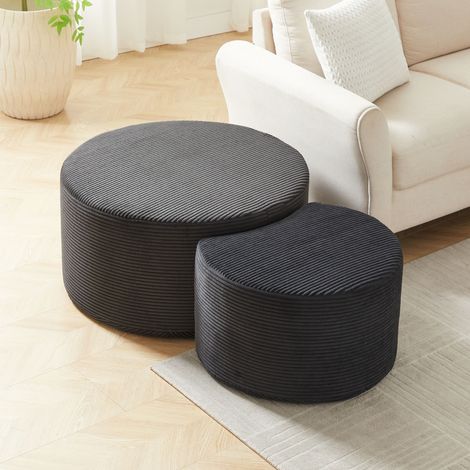 Tisch Set 2-teilig aus Stoff in Schwarz, rund, als Couchtisch und Ottoman ohne Montage
