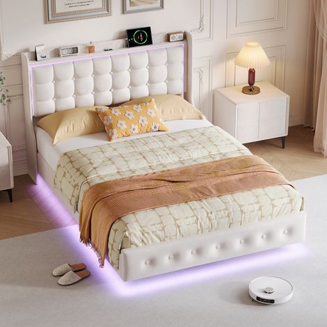 JOOKGBD–Schwebebett gepolstert 160x200 cm,Doppelbett,Jugendbett,LED-Beleuchtung,USB-Anschlüsse,Staufach-Kopfteil,Bettkasten,Lattenrost aus Holz,Samt,Weiß