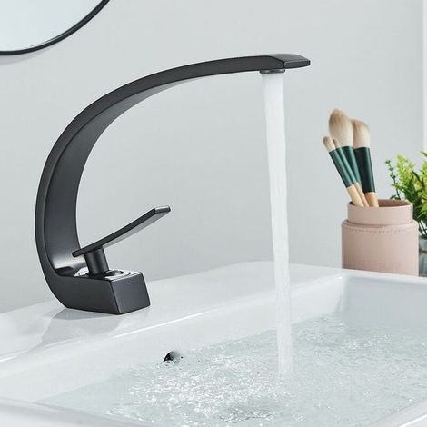 Mitigeur lavabo noir design courbe, robinetterie salle de bain monocommande, mélangeur eau chaude froide en laiton massif, équipement sanitaire moderne (Réf : 94940431 / lehuamwj467) (1/3)