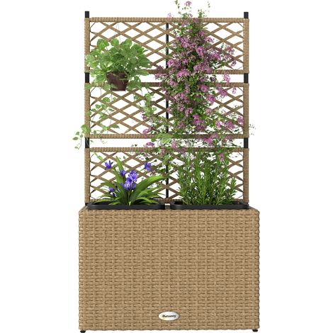 Jardinière pour plantes avec treillis 3 bacs à plante 22L en résine tressée et acier 57 x 30 x 107 cm sable (1/5)