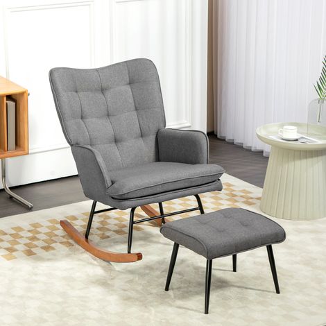 Poltrona a dondolo con poggiapiedi, comoda, portata massima 130 kg, effetto lino, 64x89x90 cm, grigio scuro. (1/5)