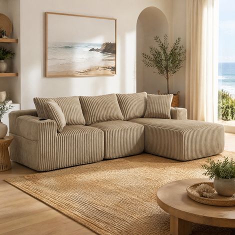 Canapé modulare con méridienne in velluto a coste kaki, 257x90/160x62 cm, con 5 cuscini e portabicchieri (1/5)