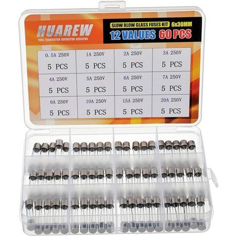12 valeurs 60 pièces 6x30 mm fusible en verre à fusion lente 0,24x1,18 pouces 250 V tension T 0,5 1 2 3 4 5 6 7 8 10 15 20 A ampli Kit de classification (1/4)