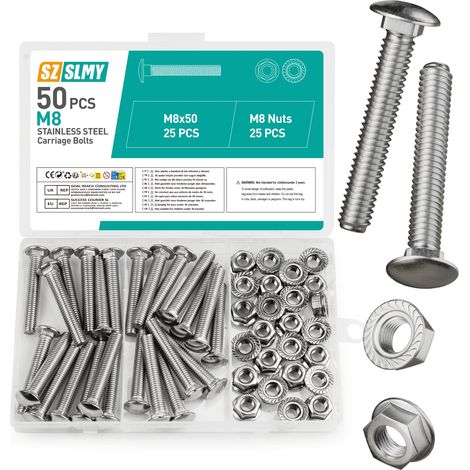 50 Pcs Boulons de Carrosserie M8 x 60mm, Vis à Tête Ronde, Boulons a Tête Ronde Bombée Champignon en Acier Inoxydable, Boulons avec écrous à Embase Hexagonale Set (M8) (1/5)