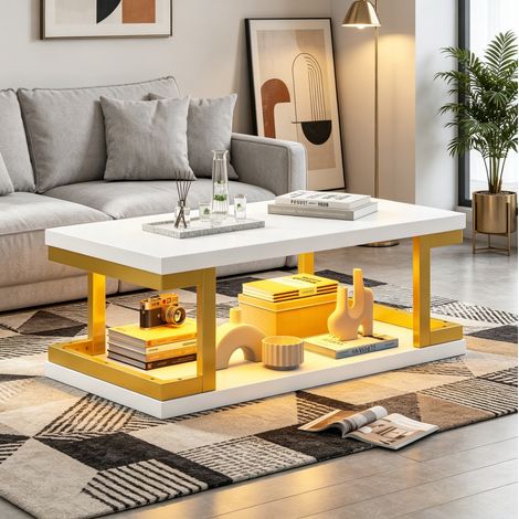 Couchtisch 100x50x37.5 cm, rechteckig, LED Beleuchtung, offene Ablage, MDF und Metall, Weiß und Gold (1/5)