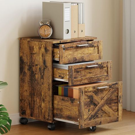 Caisson de bureau mobile 3 tiroirs avec serrure, bois pour dossiers A4, Marron (1/5)
