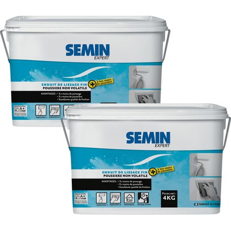 Lot de 2 enduits de lissage poussière maîtrisée pour finition des murs Semin - 3 fois moins de ponçage pour 3 fois moins de poussière - intérieur - seau de 4 kg (1/5)