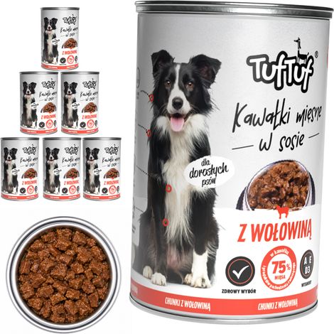 Cibo umido per cani TufTuf al gusto manzo, lattina da 6x415g, bocconcini in salsa. (1/2)