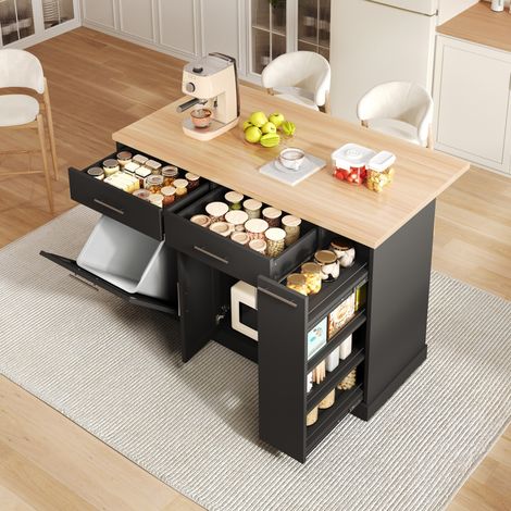 Îlot de cuisine gris sur roulettes 120x45-70x93 cm avec plan rabattable, meuble poubelle, épicier 4 niveaux et 2 tiroirs -Noir