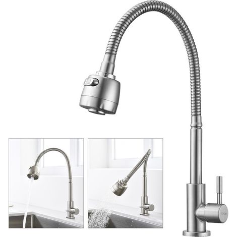 Mitigeur de Cuisine Mémoire de Forme Robinet Simple d'Eau Froide à Ressort Mitigeur d'Evier 2 Jets aux Choix en Acier Inox Brossé (1/5)