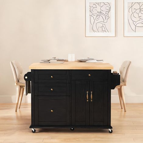 Îlot de cuisine mobile en MDF noir et bois naturel avec plan (1/5)