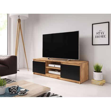 Bratex – Meuble TV 120 cm avec éclairage LED – Panneau stratifié 15mm – 2 placards et 2 étagères – Couleur wotan/noir mat