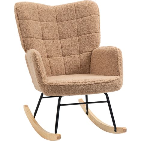 Fauteuil à bascule en imitation peau de mouton brun avec structure acier et bois, jusqu'à 120 kg (1/5)