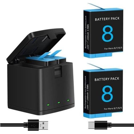 Lot de 2 batteries pour Gopro Hero 8 7 6 5 Black, chargeur de batterie et chargeur de stockage USB LED à 3 canaux (1/5)