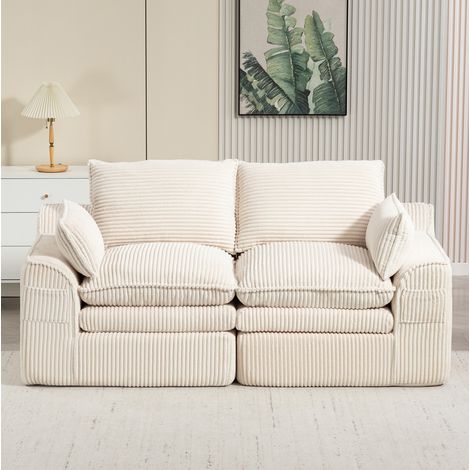 Canapé 2 places 191x94x85 cm beige en velours côtelé avec poches latérales et coussins (1/5)