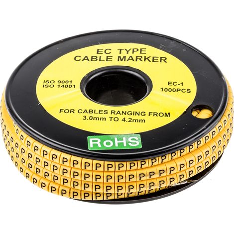 Repère câble , Ø câble 3  4.2mm, texte : P, Noir sur Jaune ( Prix pour Bobine de 1000 )