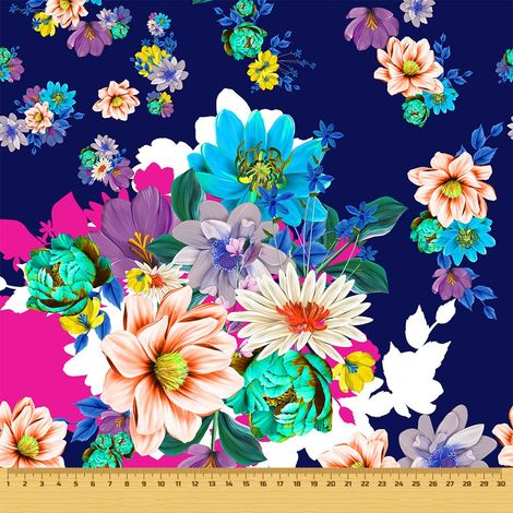 Tela Oxford decorativa para exteriores - Motivo: Flores coloridas sobre fondo azul marino I DR052 (1/5)