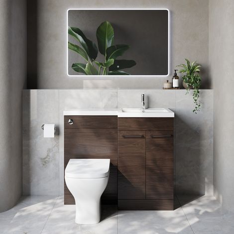 Napoli 390 Brown Oak 1000mm 2 Door Vanity Unit Toilet Suite with Right Hand Square Lucia Basin - 1000mm - Chrome 160mm HandleWith Kingston Toilet Pan and Seat