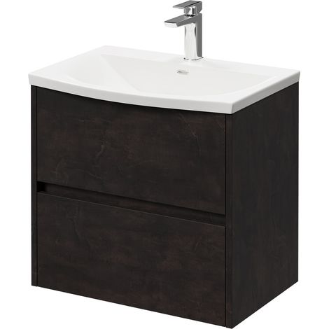 Montego Metallic Slate 600mm Wall Mounted Vanity Unit with 1 Tap Hole Curved Basin and 2 Drawers (1/5)