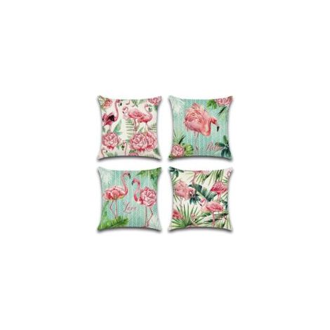 Cet ensemble de quatre housses de coussin d'extérieur, orné de flamants roses et de motifs floraux roses, convient aux terrasses, jardins, salons et chambres. Dimensions : 45 x 45 cm.