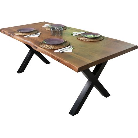 Esstisch Baumkante massiv Akazie Nuss 260 x 110 X-Gestell schwarz CALI