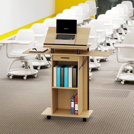 Pupitre roulable,pupitre avec ailes latérales pliables,table d’ordinateur portable avec tiroir et étagères,style chêne (1/5)