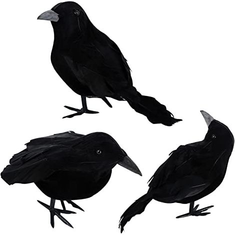 3er-Pack Halloween-Krähen, künstliche gefiederte Raben, realistische Dekorationen, schwarze gefiederte gruselige Krähenvögel, Ornament für die Halloween-Party-Dekoration im Freien