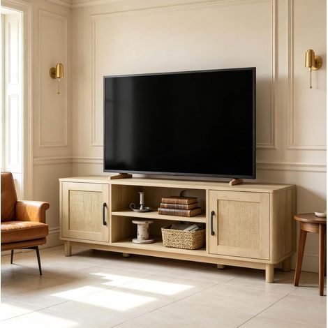 Meuble TV chêne avec portes en rotin et étagères ouvertes 135 cm OKWISH (1/5)