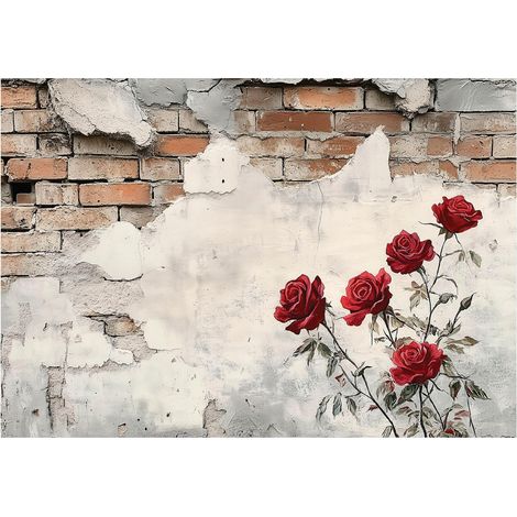 Papier peint avec motif de mur en briques et fleurs, intissé, décoration de salon – 200 x 140 cm Wallarena (1/4)