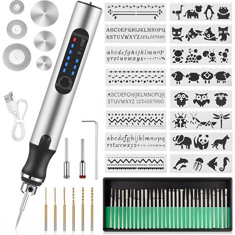 Stylo Graveur Électrique - 3 Vitesses Réglables 5000-10000-18000 Tr/Min - Pour Bois Verre Céramique Métal Cuir - Kit Complet avec 16 Embouts - 1 Pièce