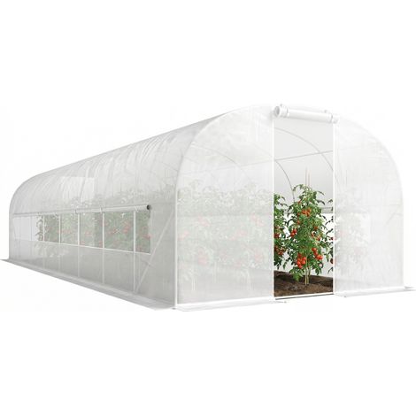Serre tunnel de jardin 24m², serre de jardin tunnel avec cadre en acier galvanisé, portes et 2 grandes fenêtres, blanc