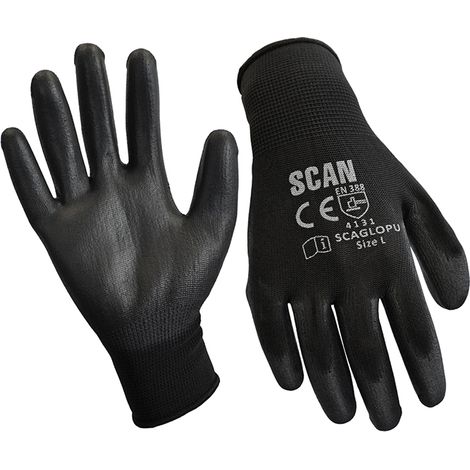 Scan Black PU Coated Work Gloves - Size 8 Medium, Pack of 12 Pairs (1/3)